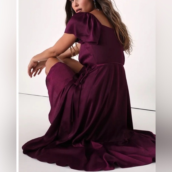 Lulu's Womens Serene Sight Plum Purple Midi Asymmetrical Wrap Dress XL Crinkle - Picture 2 of 15